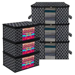 Kuber Industries Saree Cover & Underbed Stoarge Bag Set | 3 Pieces Saree & 3 Pieces Underbed Storage Bag Combo Set | Zipper Closure & Handle | Check-Design | Set of 6 | Black