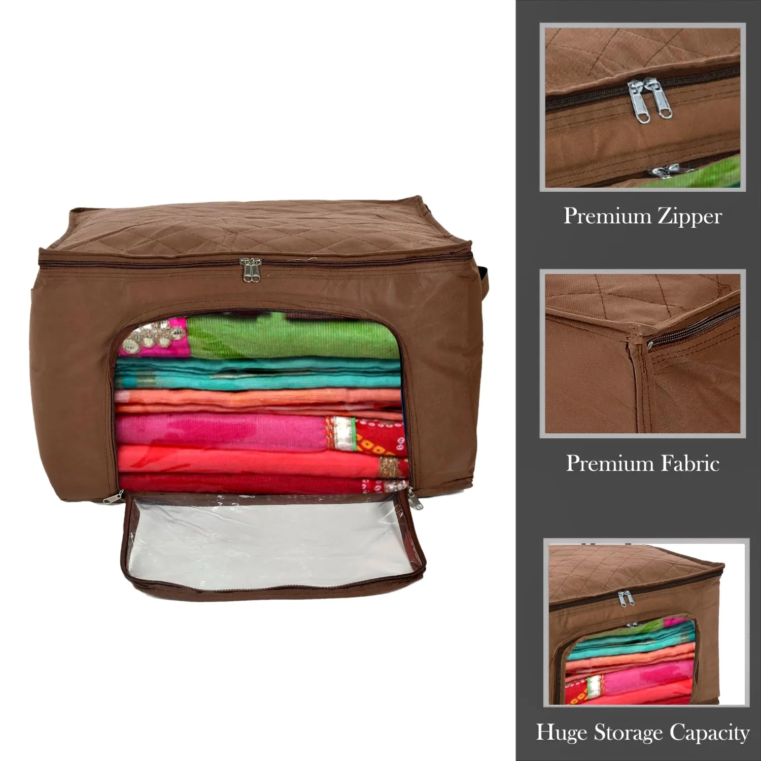 Kuber Industries Storage Bag | Zipper Closure Storage Bag | Clothes Organiser | Non-Woven Travel Storage Bag | Wardrobe Organizer with Transparent View | Brown