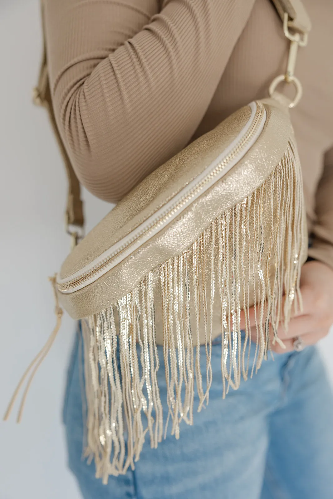 Metallic Removable Fringe Western Style Suede Bum Sling Hip Bag