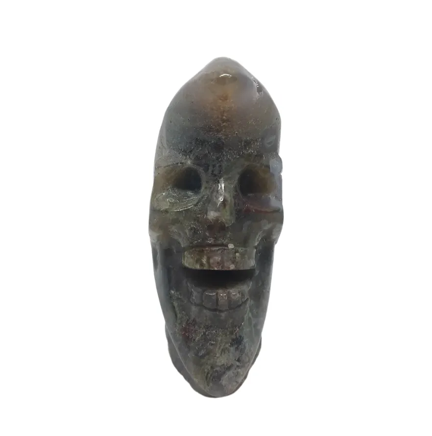 Moss Agate Crystal Skull Face Moon Carving