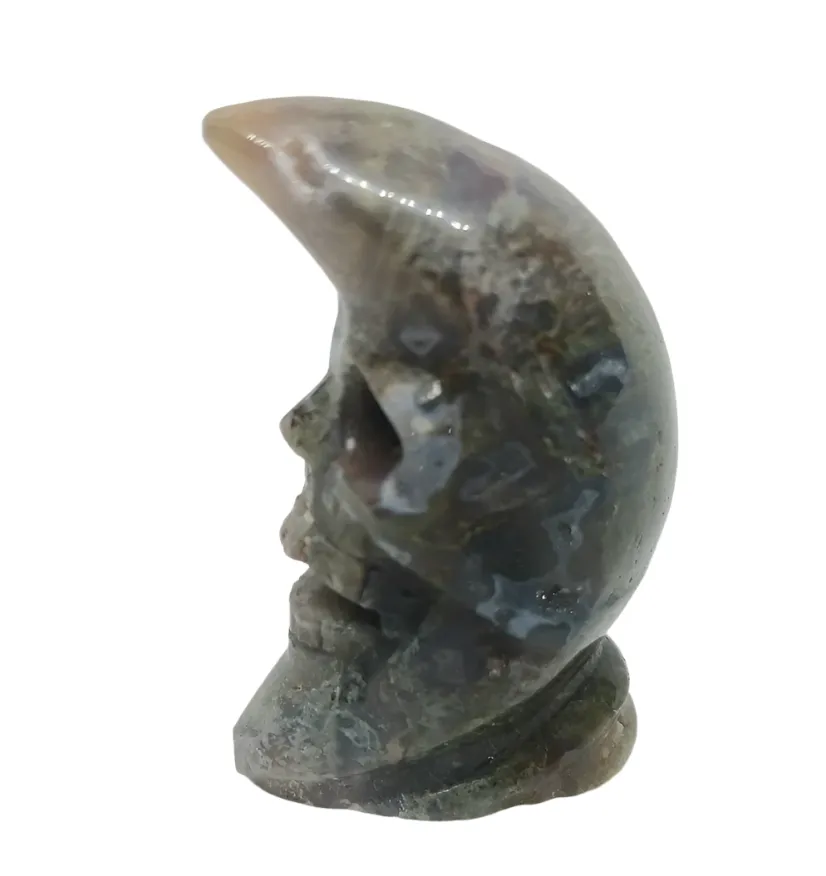 Moss Agate Crystal Skull Face Moon Carving