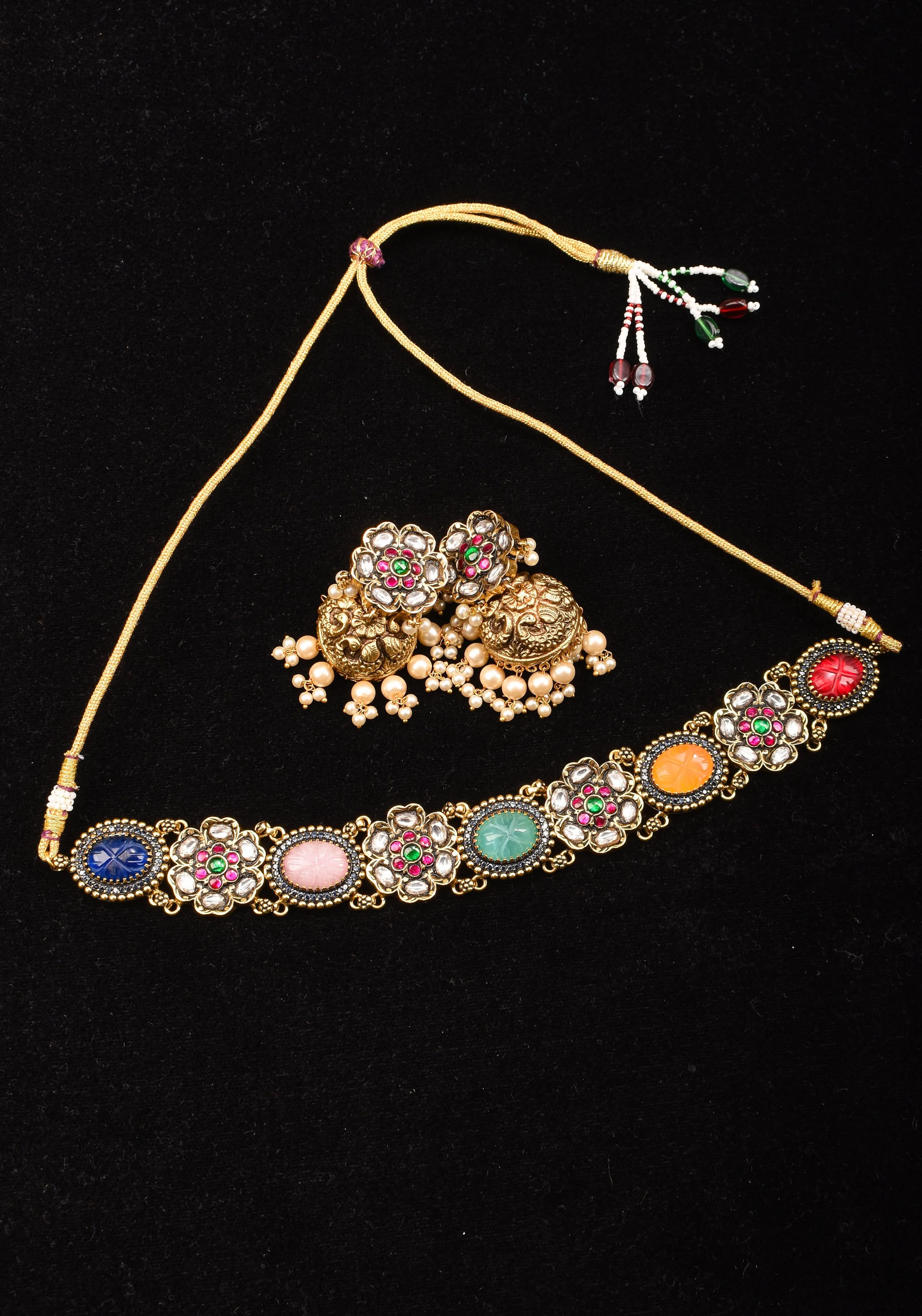 Multicolor Stones Contemporary Choker Set with  Jhumka Earrings| Shobitam Jewelry