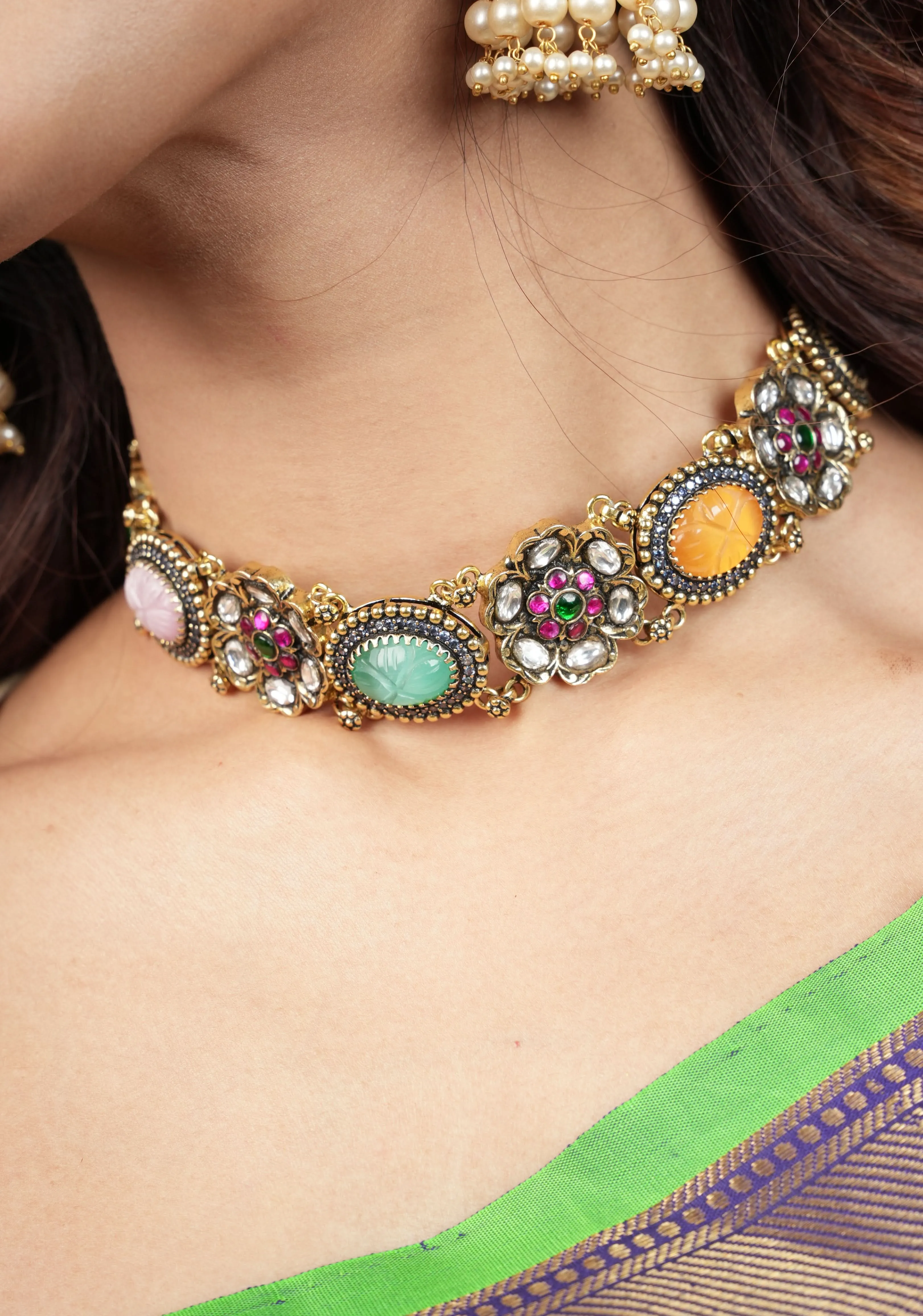 Multicolor Stones Contemporary Choker Set with  Jhumka Earrings| Shobitam Jewelry