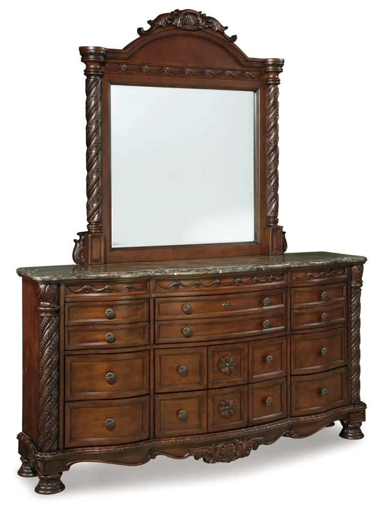 North Shore King Panel Bed with Mirrored Dresser and Chest