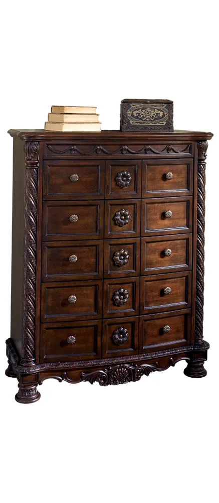 North Shore King Panel Bed with Mirrored Dresser and Chest