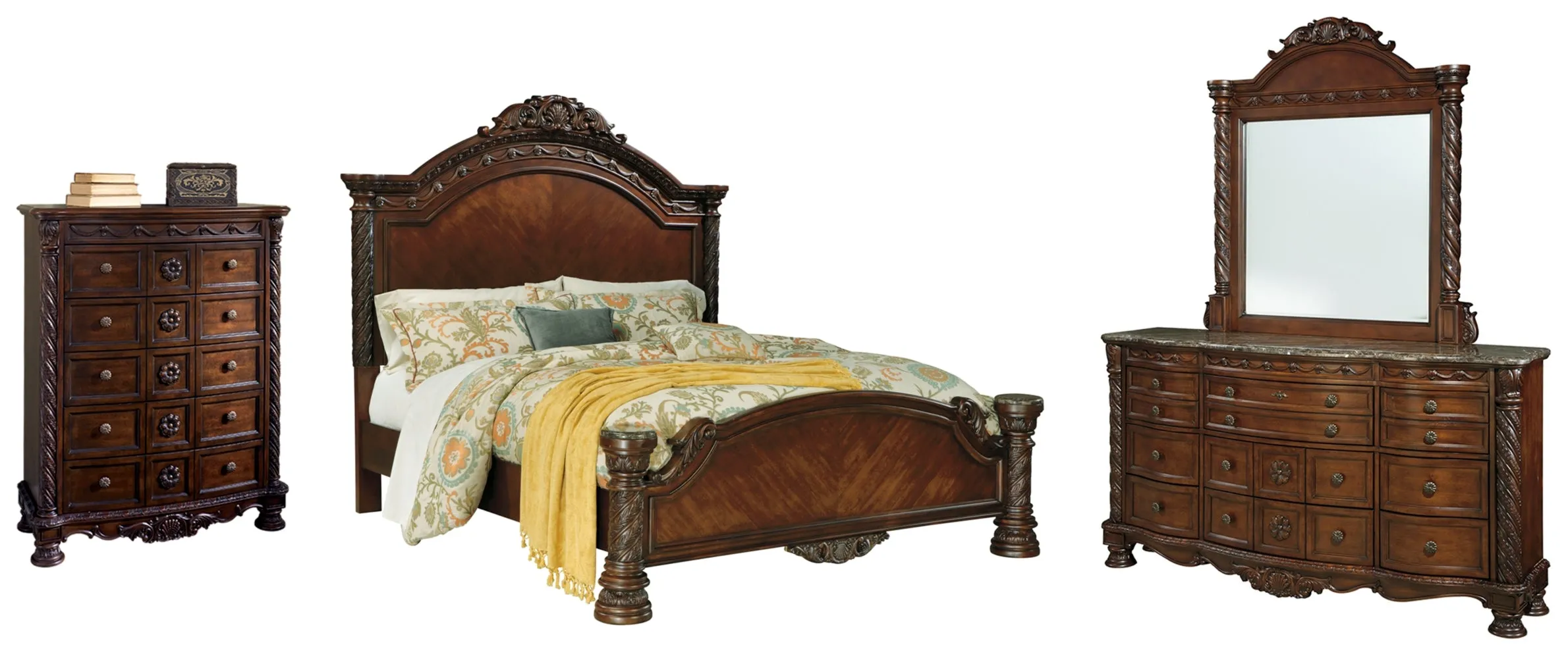 North Shore King Panel Bed with Mirrored Dresser and Chest