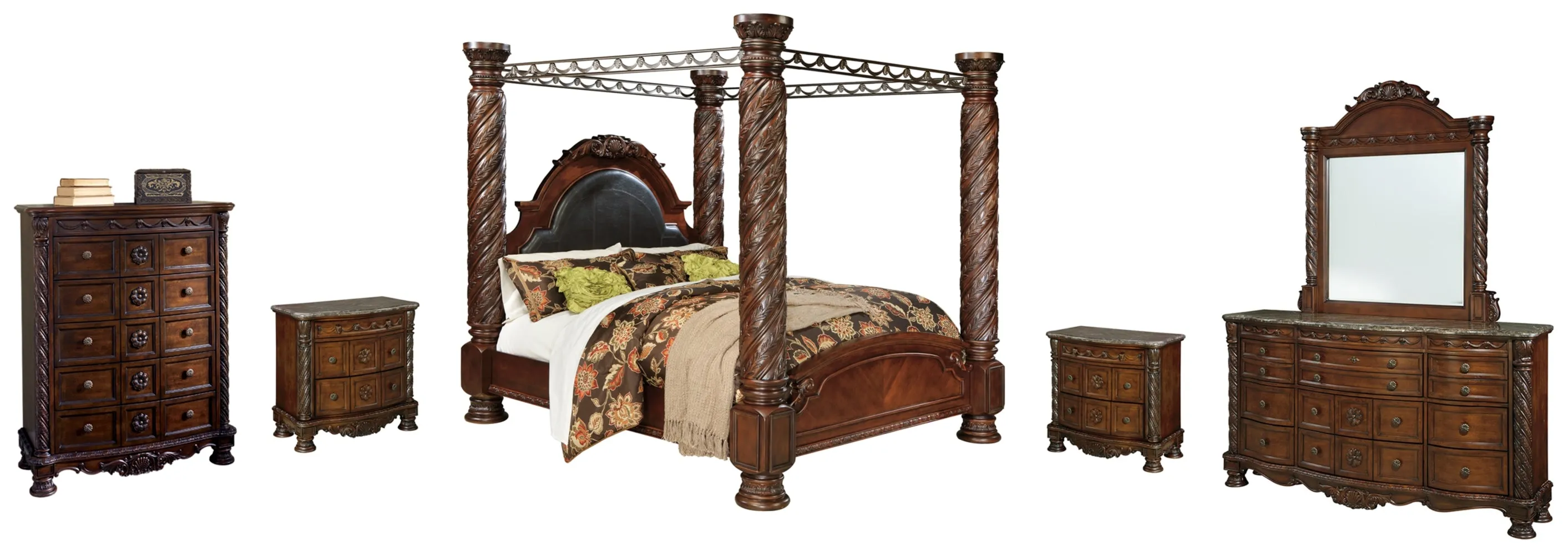 North Shore King Poster Bed with Canopy with Mirrored Dresser, Chest and 2 Nightstands