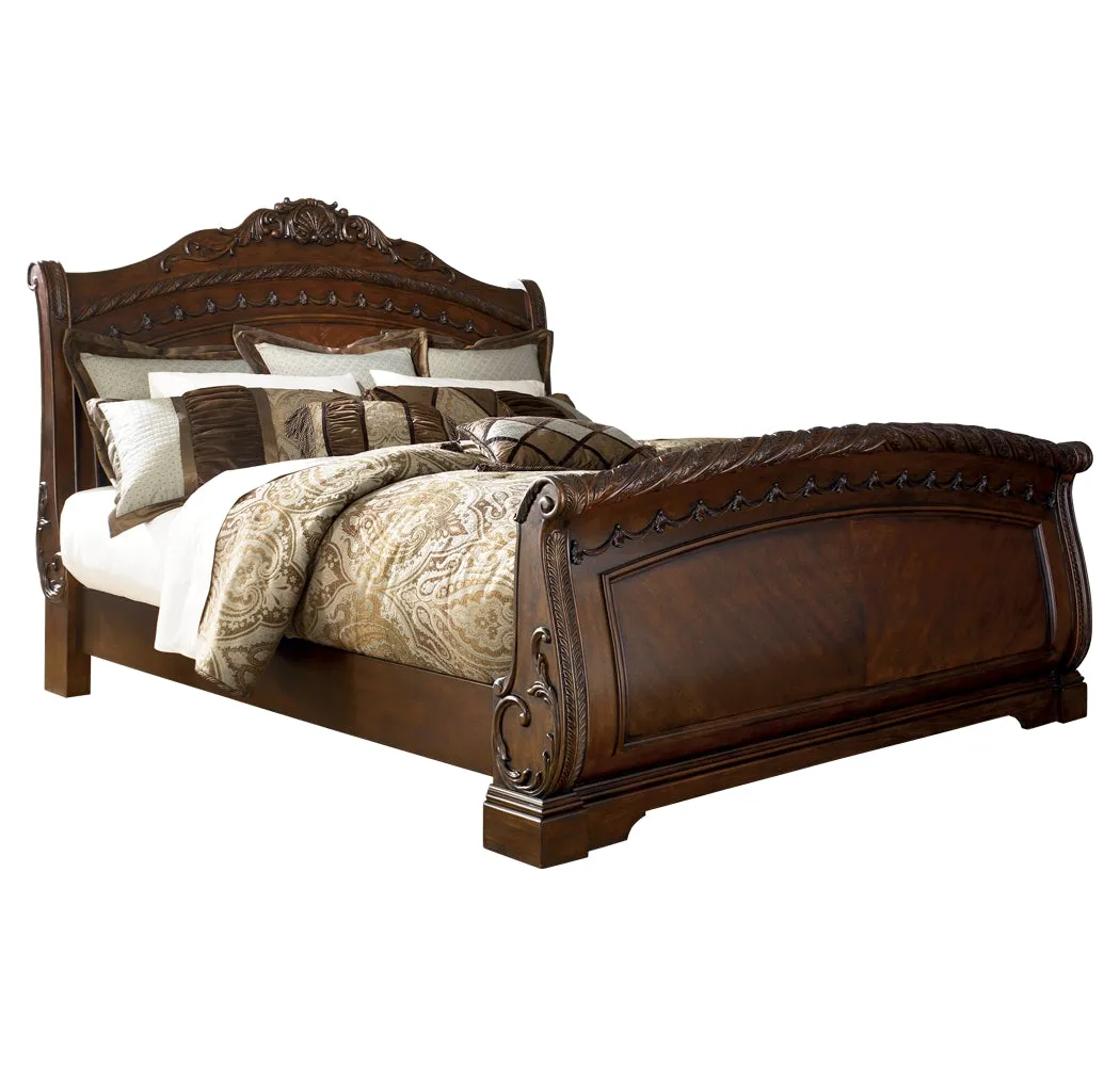 North Shore Queen Sleigh Bed with Mirrored Dresser and Chest