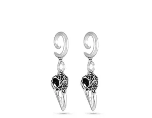 Ornate Raven Skull Gauged Spiral Earrings - Silver