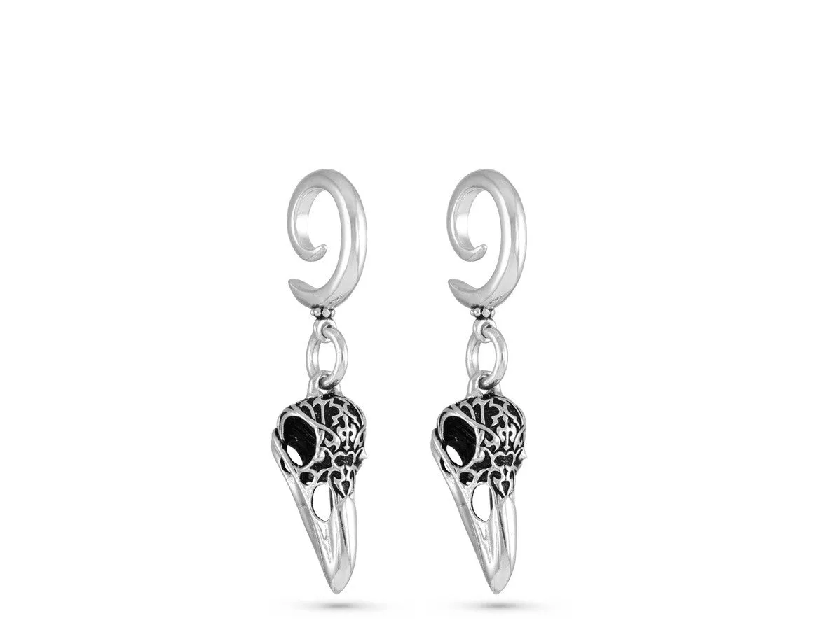 Ornate Raven Skull Gauged Spiral Earrings - Silver