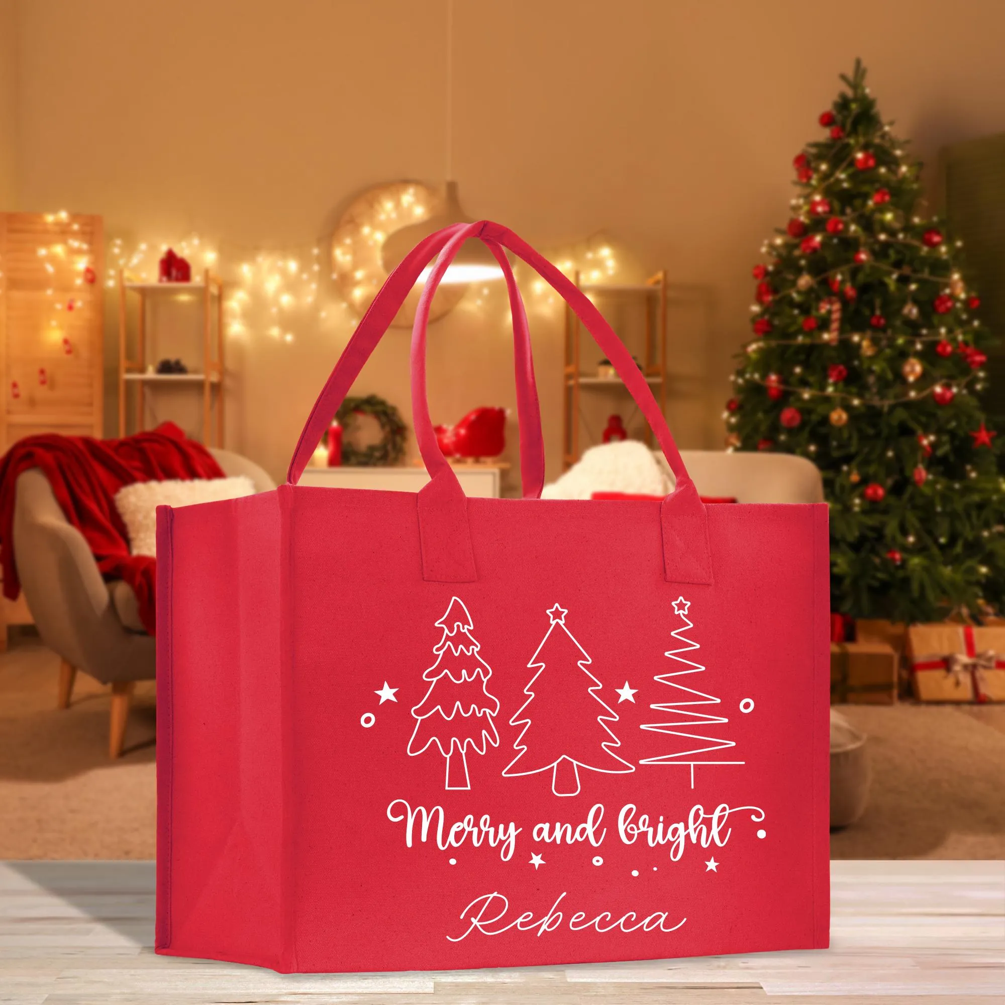 Personalized Name Christmas Cotton Canvas Large Tote Bag Custom Merry Christmas Gift Bag Xmas Party Bag Xmas Eve Gift Holiday Gift (CT1017)