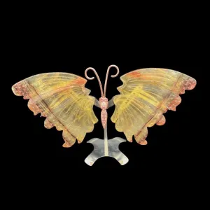 Polished Amber And Yellow Fluorite Butterfly On Stand