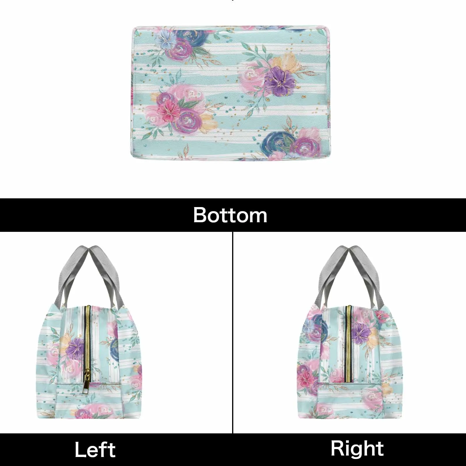 Purple and Pink floral Blue Stripes  Portable Lunch Bag-Grey Handle