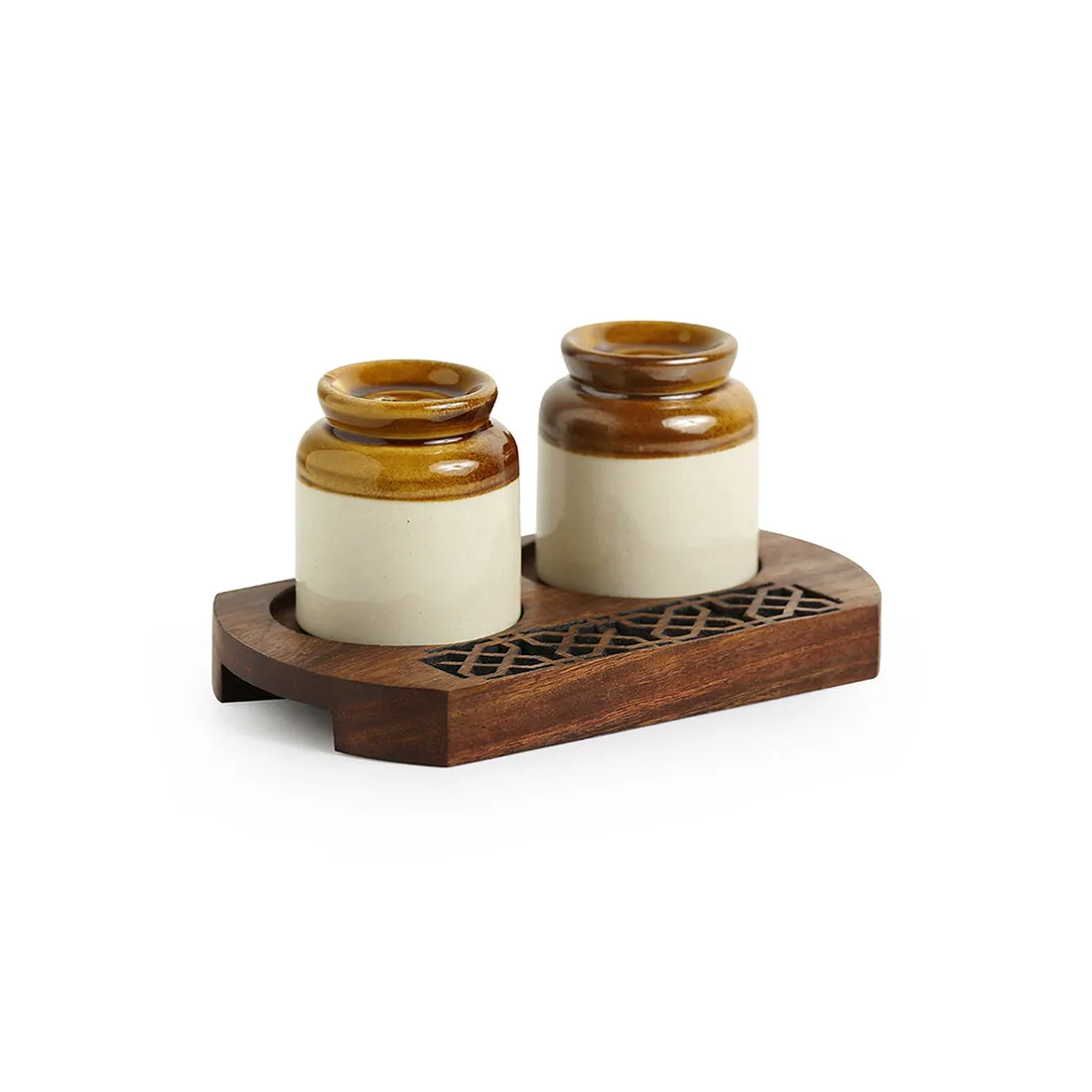 'Royal Garnishers' Old Fashioned Martban Ceramic Salt & Pepper Shaker Set With Sheesham Wooden Hand Carved Tray