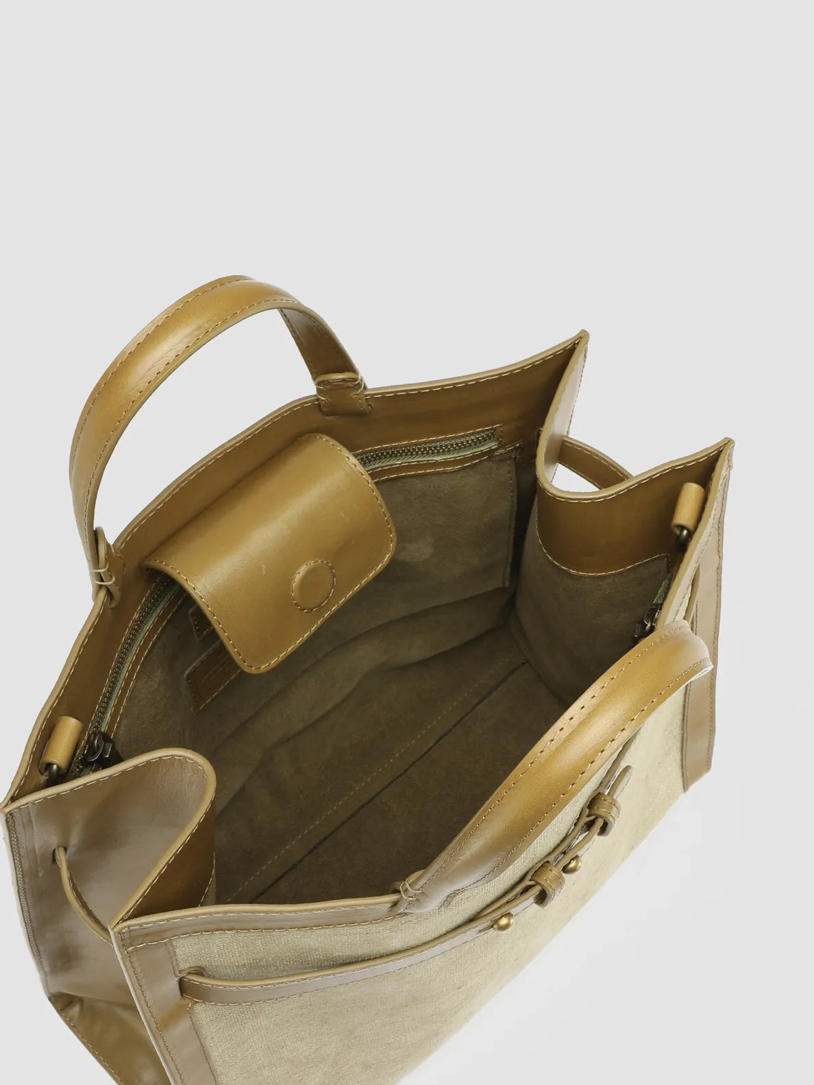 SADDLE 015 - Beige Leather and Linen Handle Bag