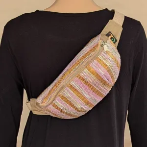 Shimmery Golden Orange Pink Striped Upcycled Handwoven Fanny Pack (FP0924-007) PS_W