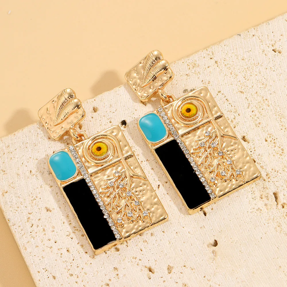 Square Carved Evil Eye Leaf Earrings