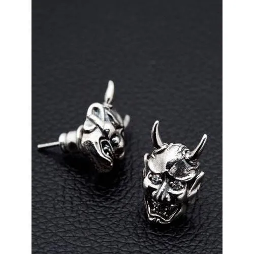 Sterling Silver Skull Devil Oni Mask Earrings