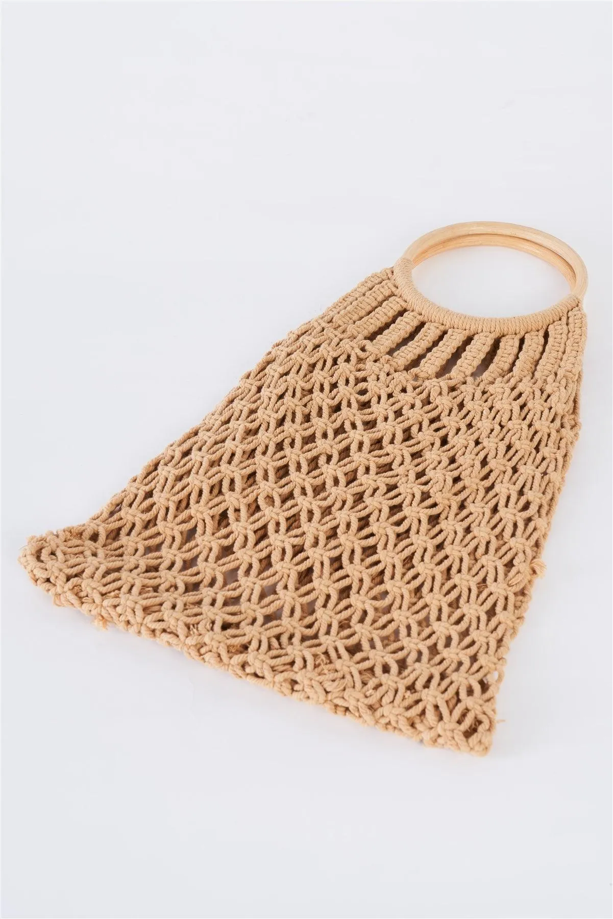 Taupe Net Front Cable Fringe Wooden Handle Bag /1 Bag