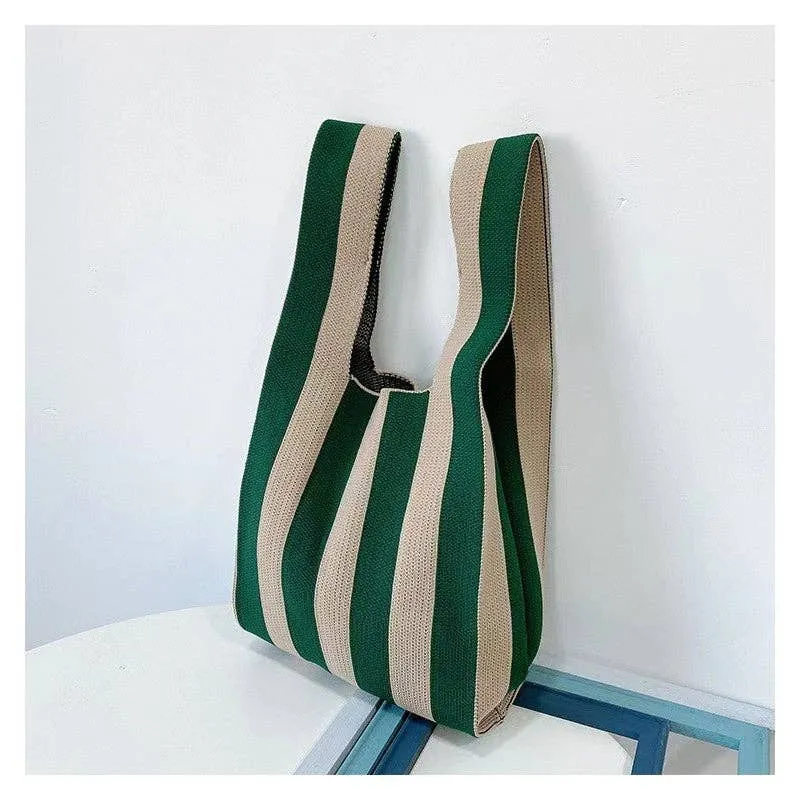 Trendy Color-Block Striped Checkered Knit Shopping Bag