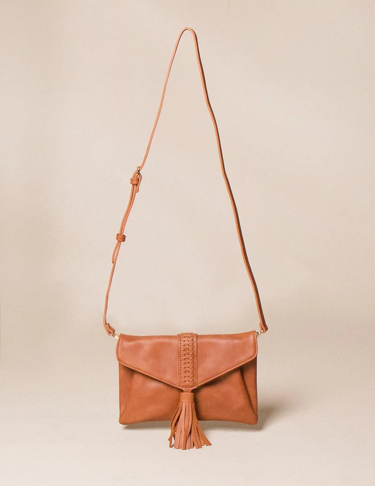 Vegan Leather Clutch/Crossbody Bag - Saddle Brown