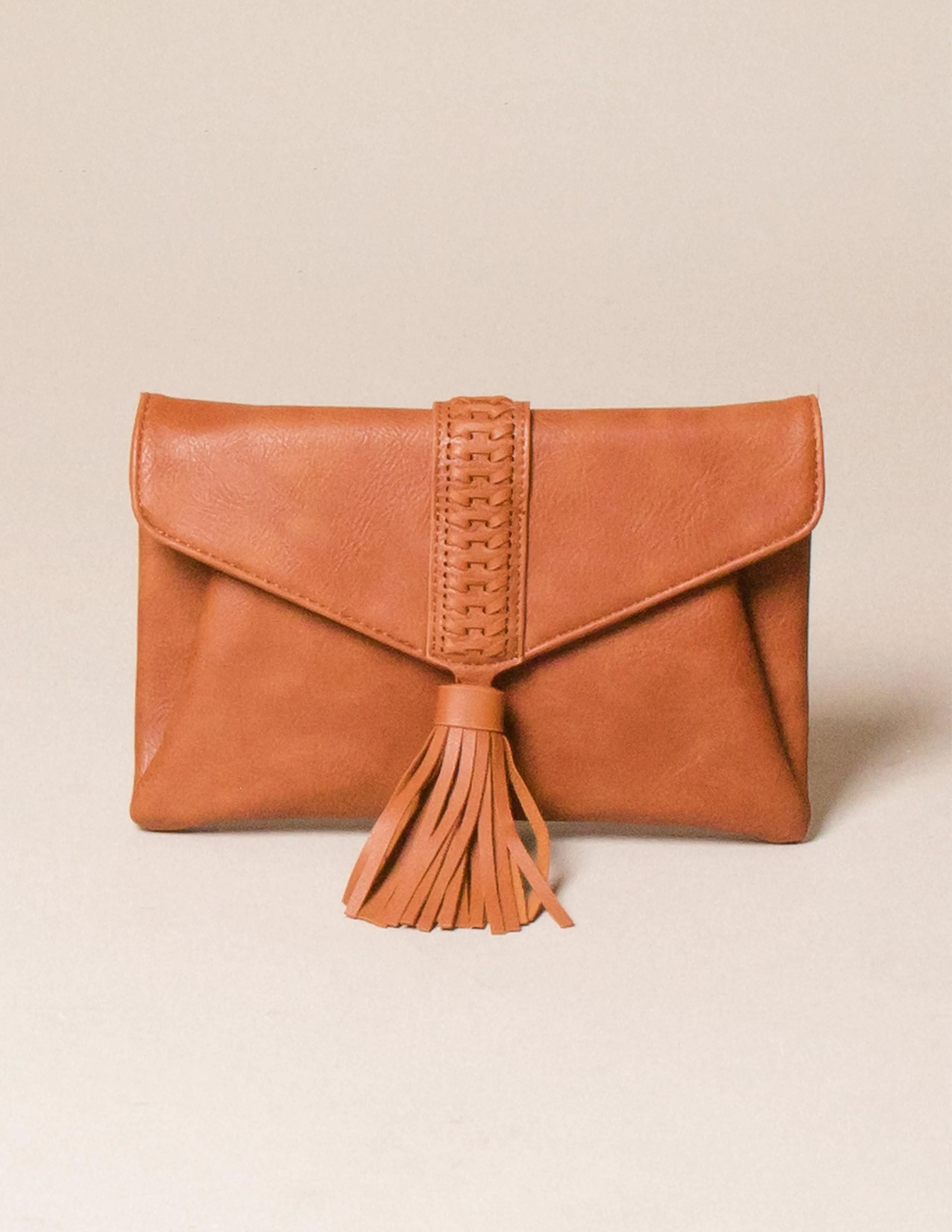 Vegan Leather Clutch/Crossbody Bag - Saddle Brown