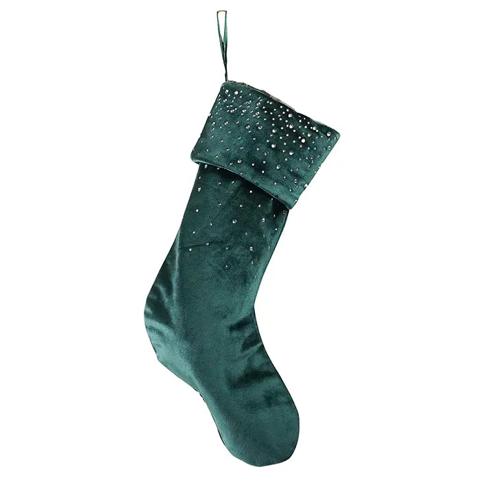 Velvet Stocking  Green with Diamante 45cm