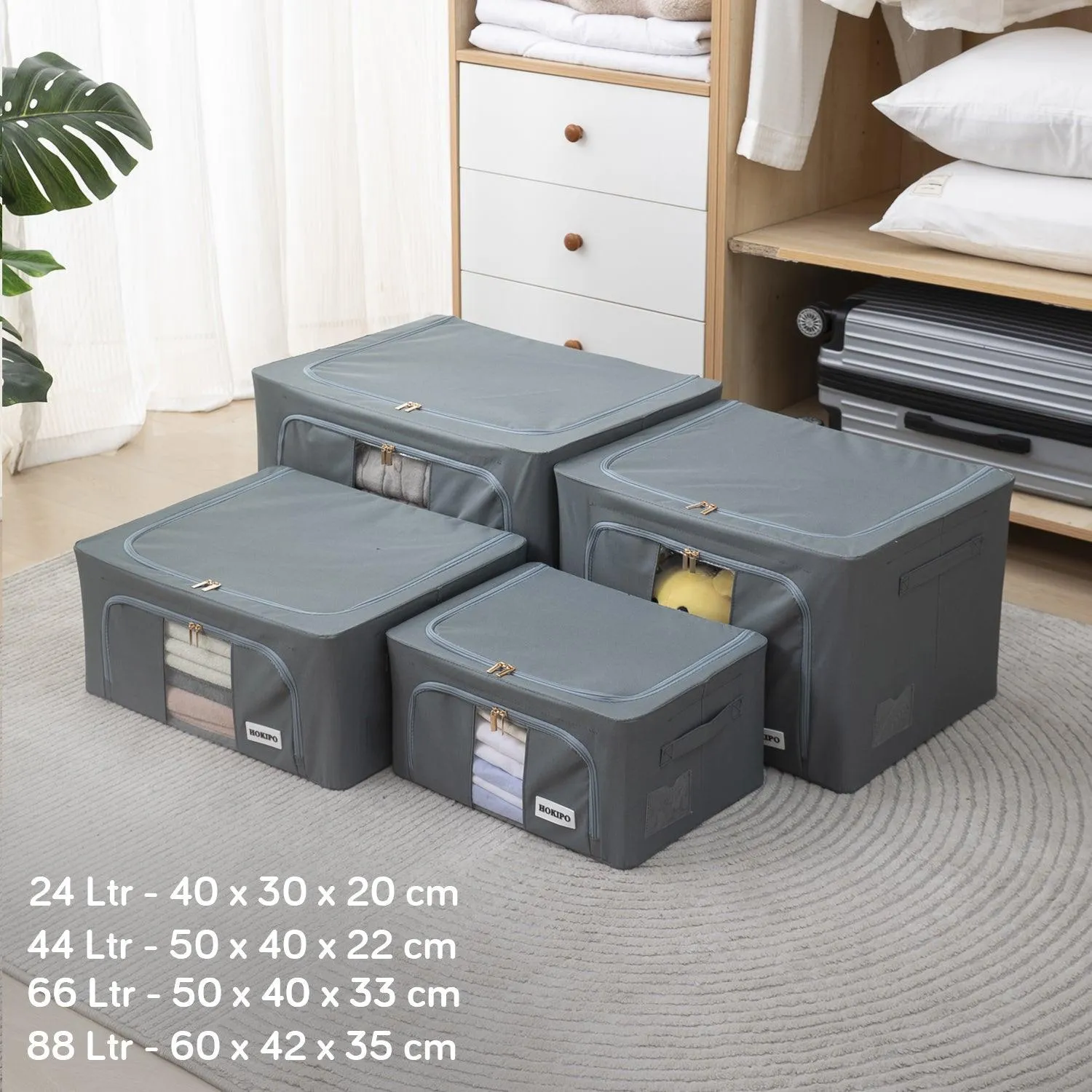 Wardrobe Organizer Metal Frame Cloth Storage Box, 44ltr 50x40x22cm, Grey