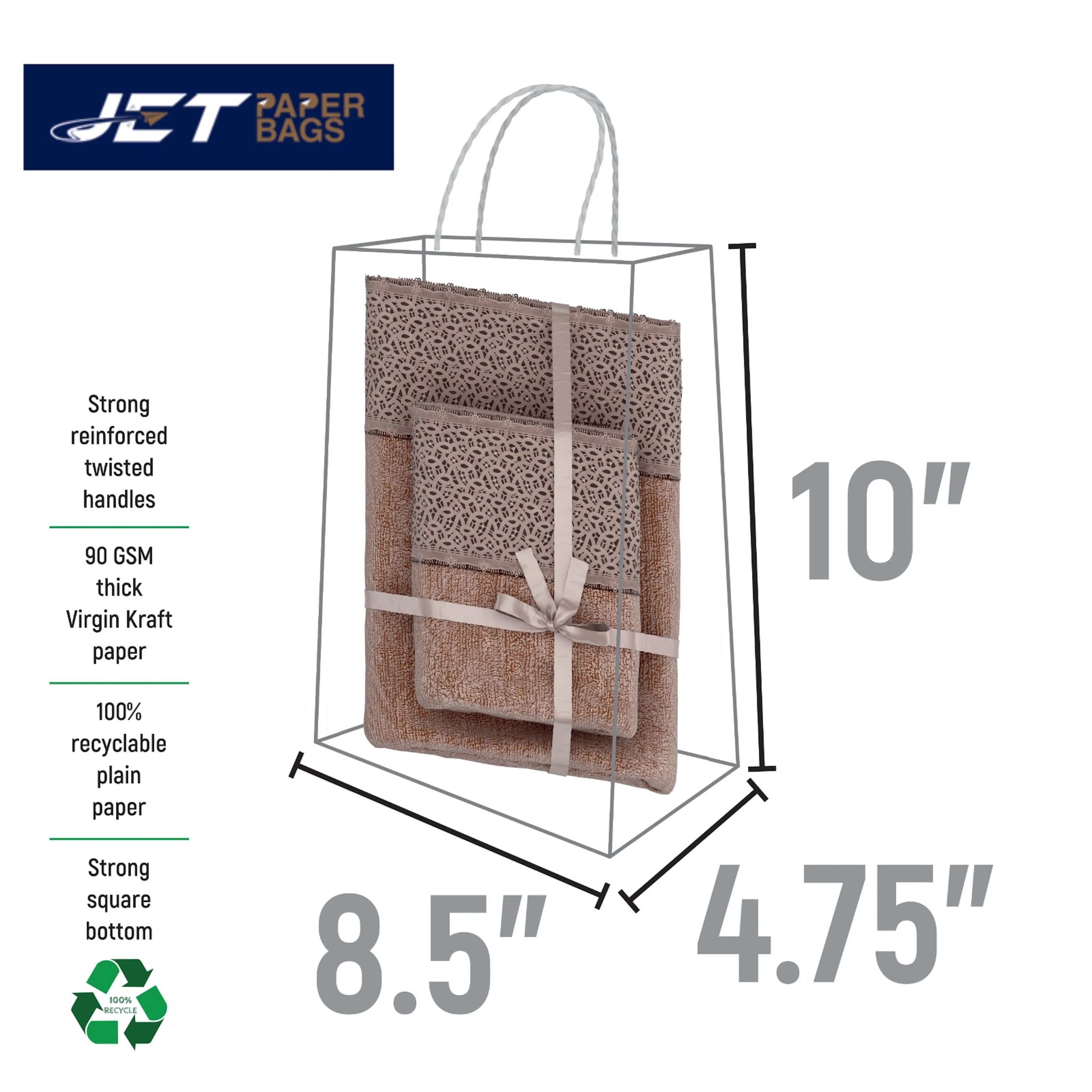 WHITE Paper Bags with Twisted Handles -CARA-8 1/2" x 4 3/4" x 10H"