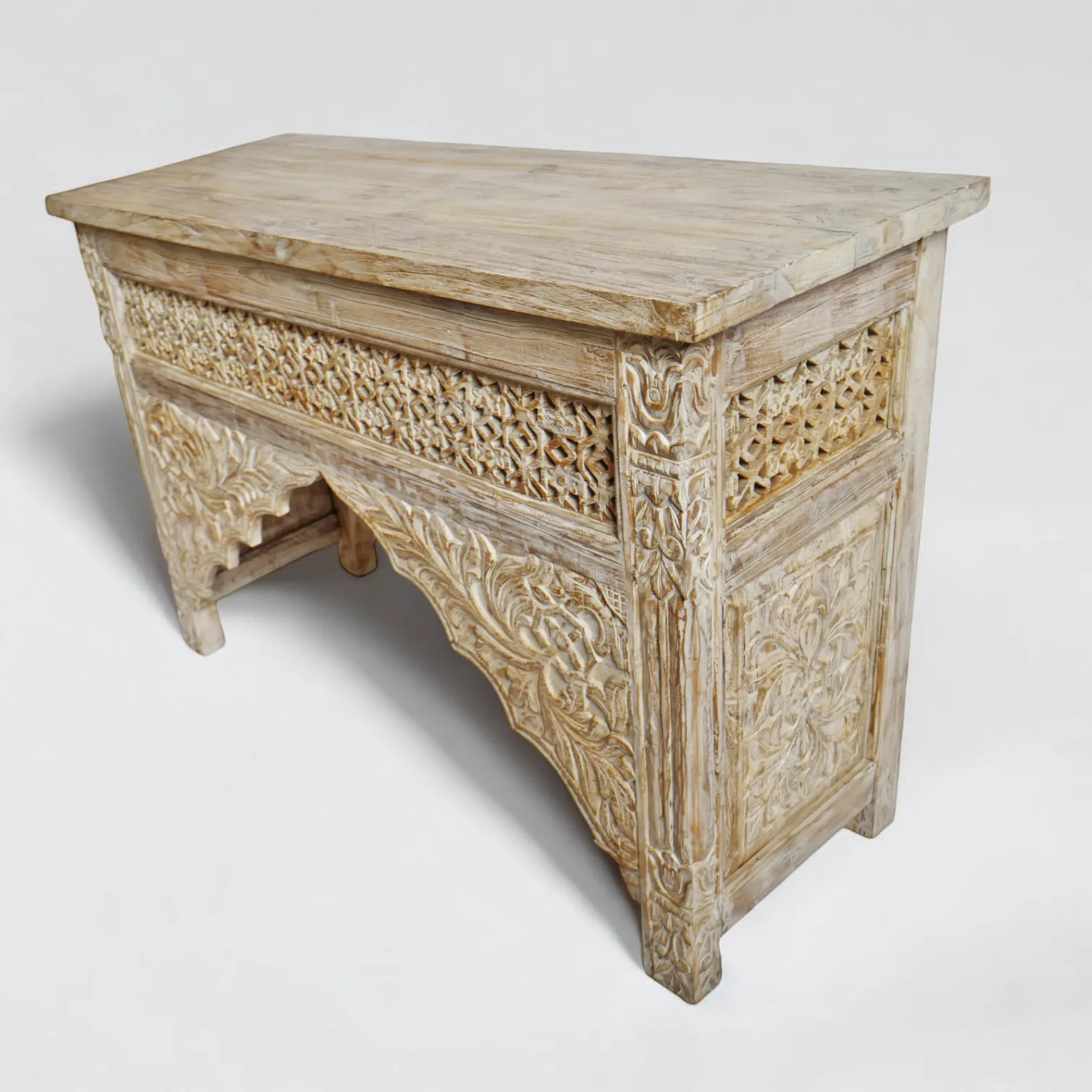 White Wash Architectural Carved Wood Console Table