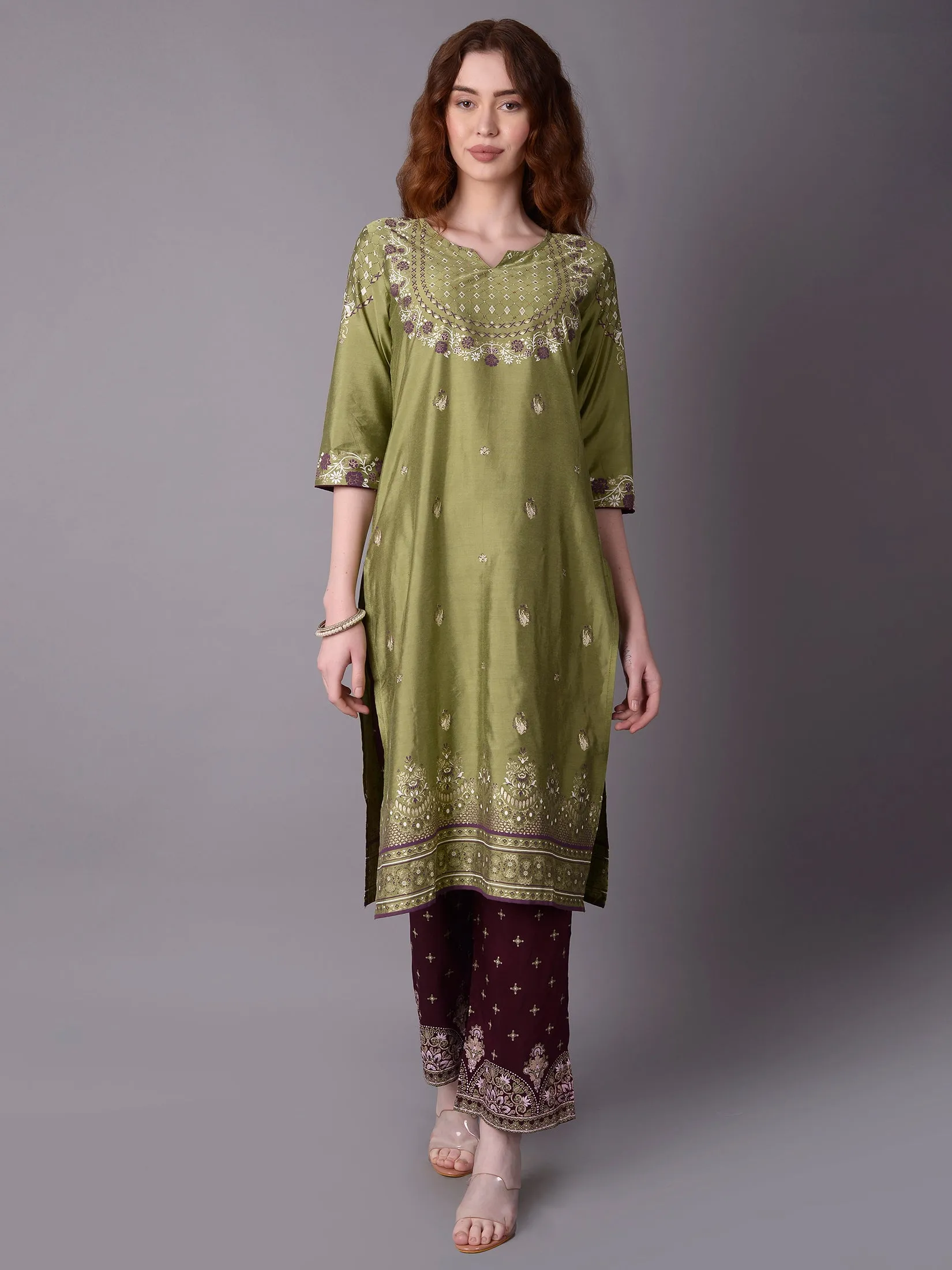 Women Green Ornamental Printed Kurta Salwar Dupatta