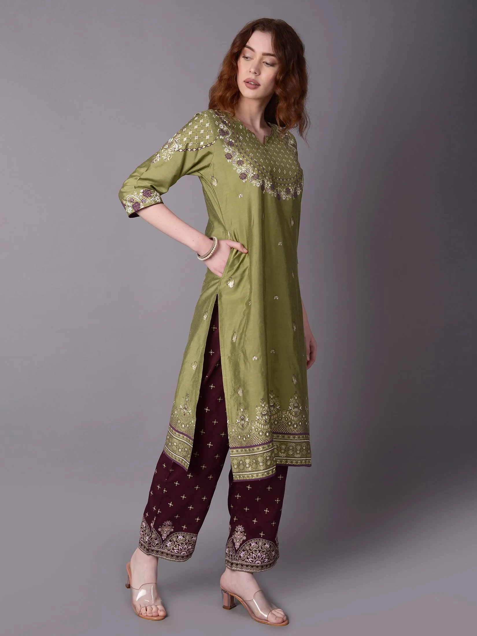 Women Green Ornamental Printed Kurta Salwar Dupatta