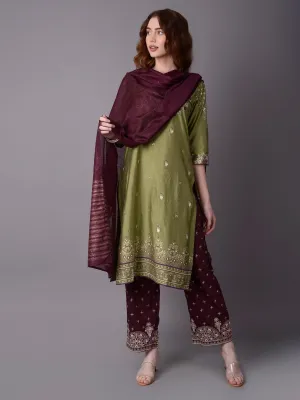 Women Green Ornamental Printed Kurta Salwar Dupatta