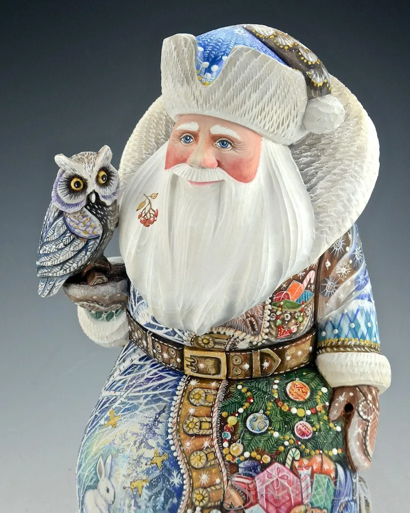 Woodland Russian Santa Sitting with Owl on Birch Log