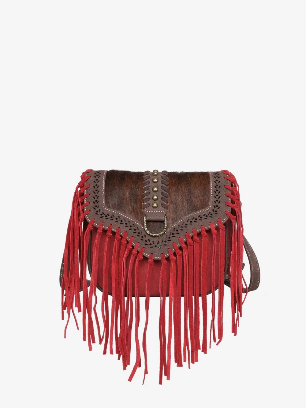 Wrangler Red Hair-On Cowhide Fringe Crossbody Bag